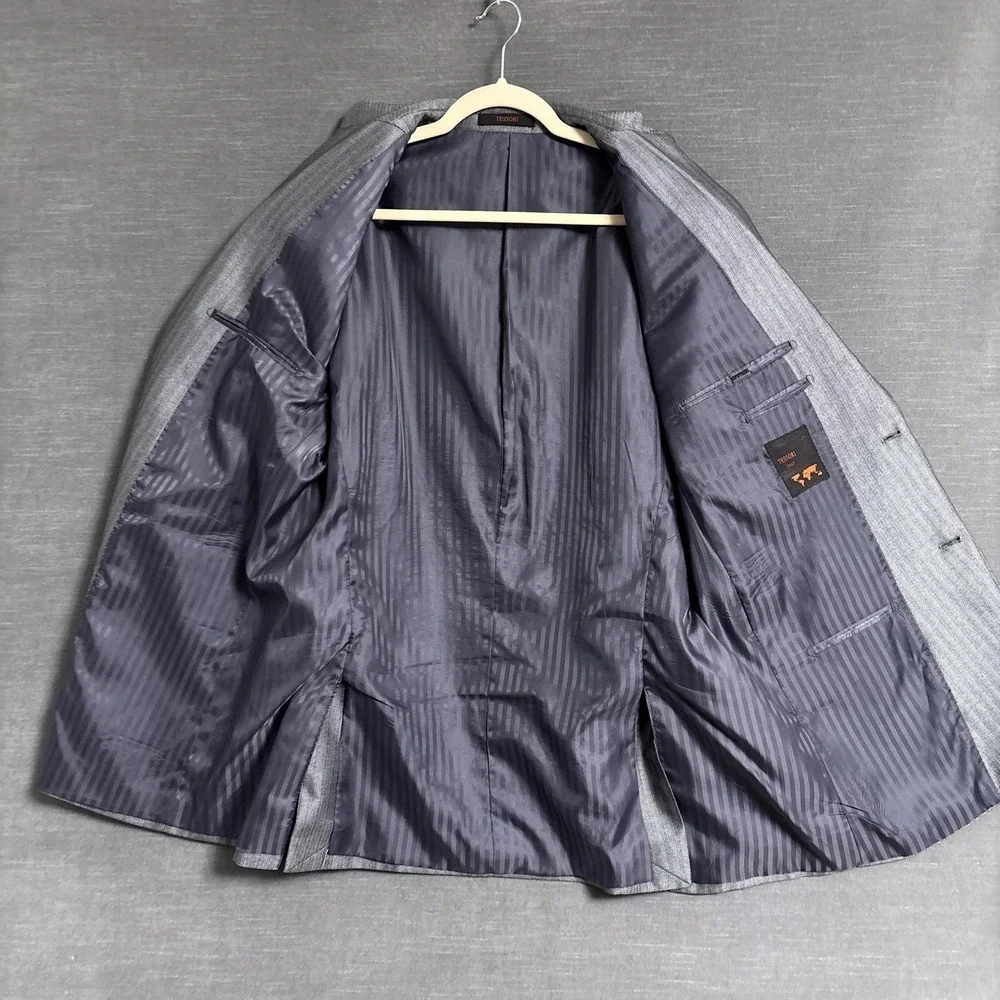 Tessori Suit 44L 43x36 Silver Herringbone 3 Piece Handmade Custom Italy Tall